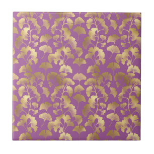 Minimal Purple Gold Ginkgo Leaf Pattern Tile