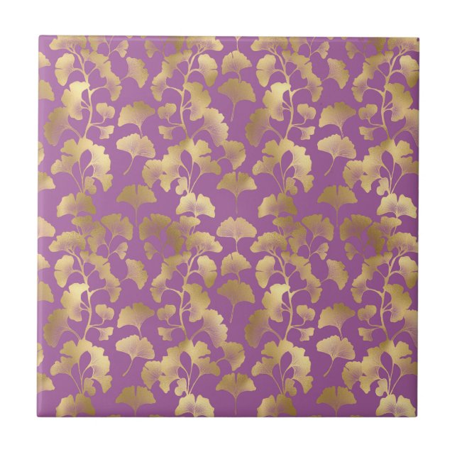 Minimal Purple Gold Ginkgo Leaf Pattern Tile (Front)
