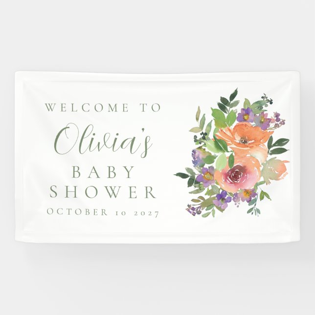 Minimal Purple Orange Floral Baby Shower Welcome Banner (Horizontal)