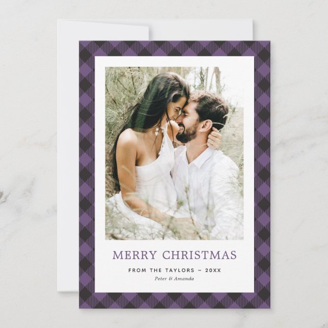 Minimal Purple Plaid Photo Merry Christmas Holiday Card (Front)