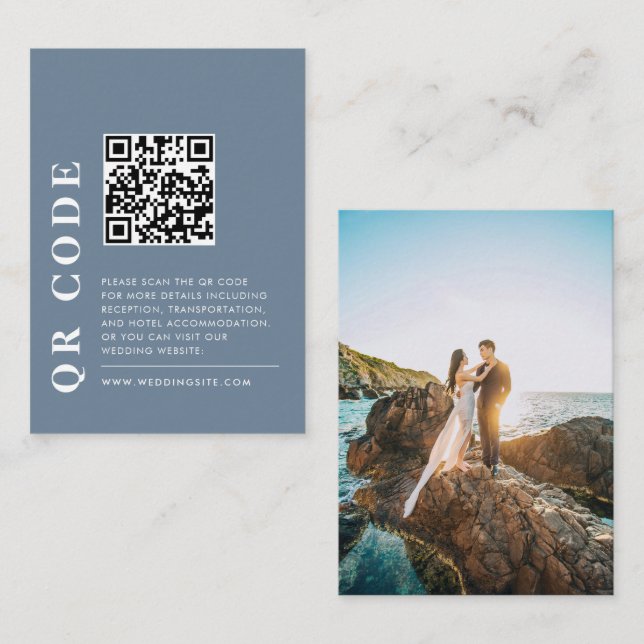 Minimal QR Code Dusty Blue Wedding Details Photo Enclosure Card (Front/Back)