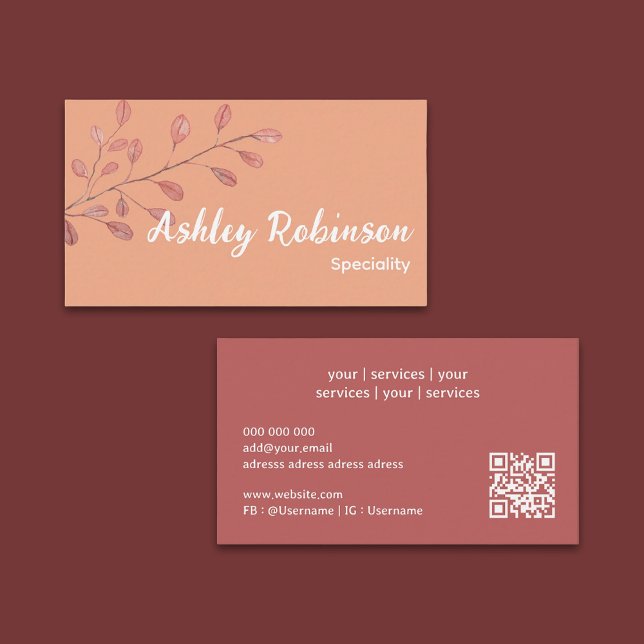Minimal QR code rose terracotta leaf Business Card (Minimal QR code rose terracotta leaf Business Card)