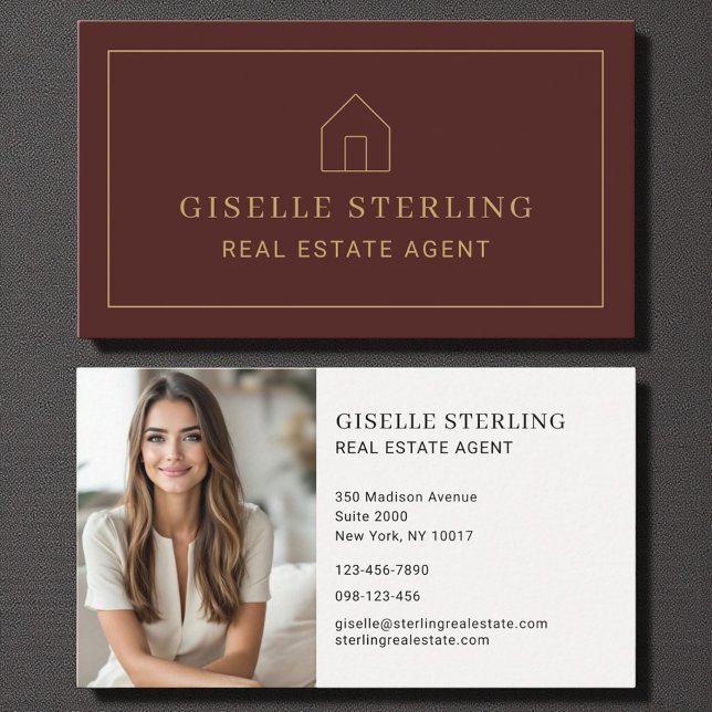 Minimal Real Estate Agent Burgundy House Photo Business Card (Creator Uploaded)