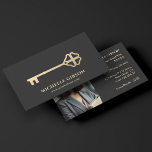 Minimal Realtor Attorney Lawyer Gold Key Dark Grey Business Card