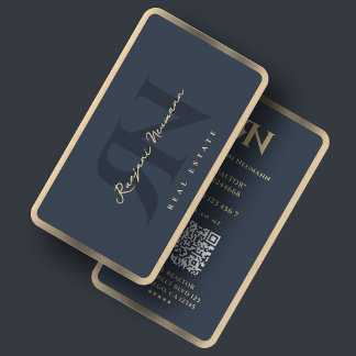 Minimal Realtor Charcoal Blue Faux Gold Border Business Card
