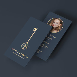 Minimal Realtor Lucky Key Photo Charcoal Blue Business Card