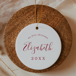 Minimal Red Baby's First Christmas Newborn Photo Ceramic Tree Decoration