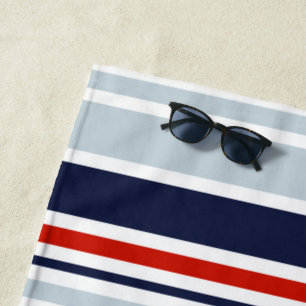 Minimal Red Blue Grey Stripes Pattern Monogrammed Beach Towel