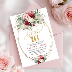 Minimal Red Blush Greenery Gold Sweet 16 Birthday Invitation