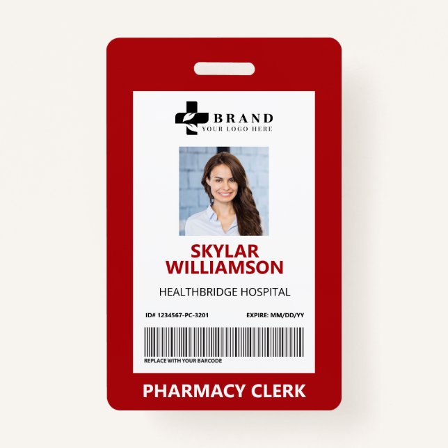 Minimal Red Border Frame Medical Photo ID & Logo ID Badge (Front)
