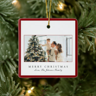 Minimal Red Border Photo Elegant Christmas Ceramic Ornament