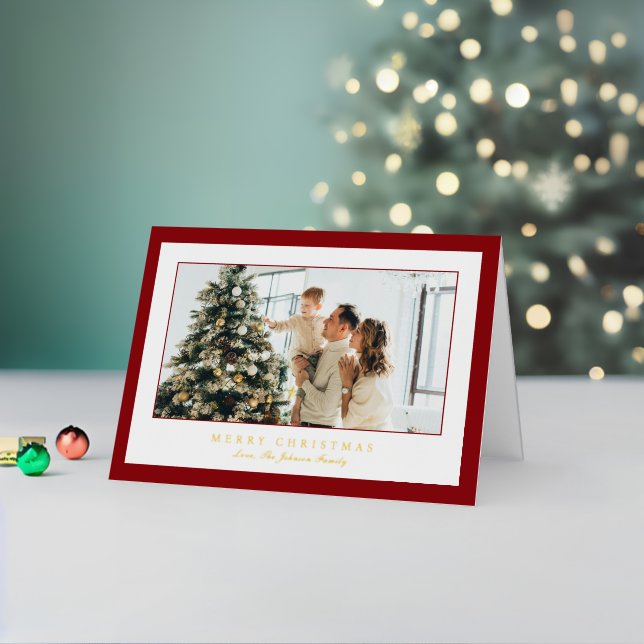 Minimal Red Border Photo Elegant Christmas Foil Holiday Card (Holiday In Situ 2)