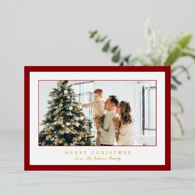 Minimal Red Border Photo Elegant Christmas Foil Holiday Card (Standing Front)