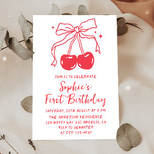 Minimal Red Bow Cherry Fruit 1st Birthday Party Invitation