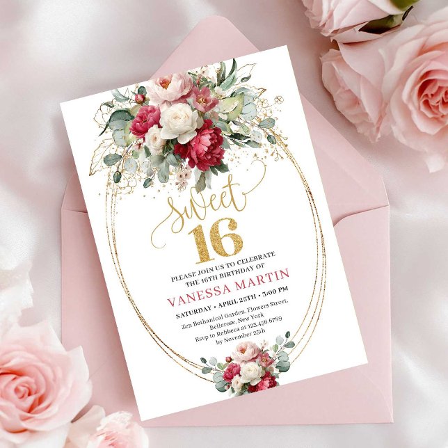 Minimal Red Burgundy Floral Sweet Sixteen Invite (Minimal Red Burgundy Floral Sweet Sixteen Invite)