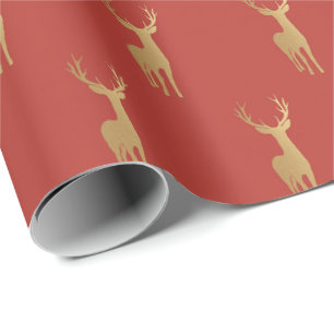 Minimal red Christmas xmas gold moose pattern Wrapping Paper