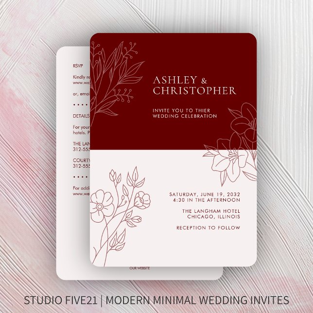 Minimal Red Foliage Outline All-in-One Wedding Invitation (Creator Uploaded)