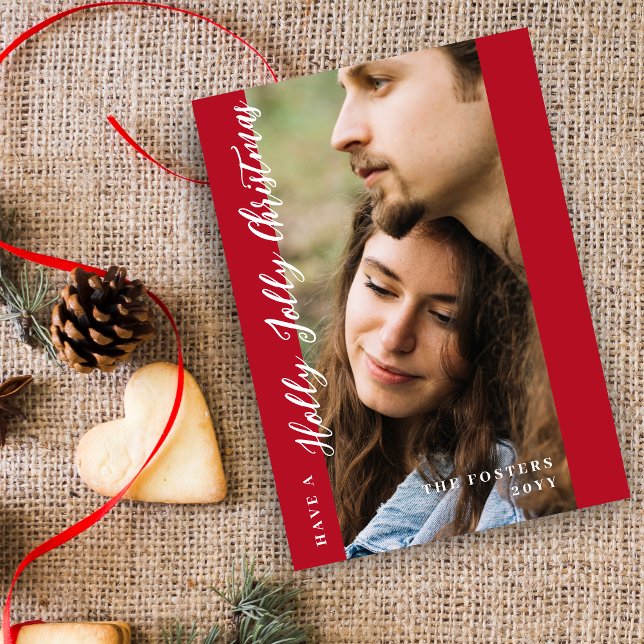 Minimal Red Holly Jolly Christmas Photo  Holiday Card (Minimal Red Holly Jolly Christmas Photo Holiday Card with Envelope.)