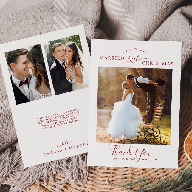 Minimal Red Married Little Christmas 3 Pic Thanks Holiday Card (Creator Uploaded)