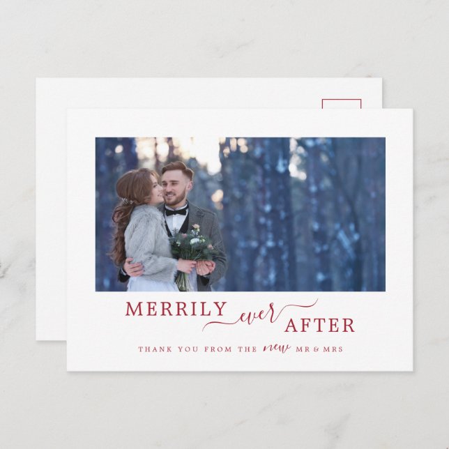 Minimal Red Merrily Ever After Newlywed Thank You Holiday Postcard (Front/Back)