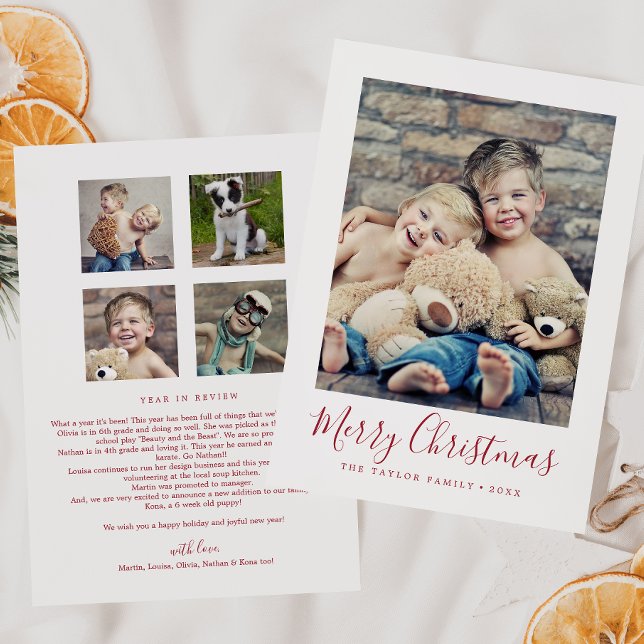 Minimal Red Merry Christmas Family News Portrait Holiday Card (Creator Uploaded)