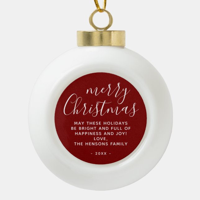 Minimal Red Merry Christmas Script Ceramic Ball Christmas Ornament (Front)