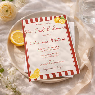 Minimal Red Stripes Italian Lemons bridal Shower Invitation