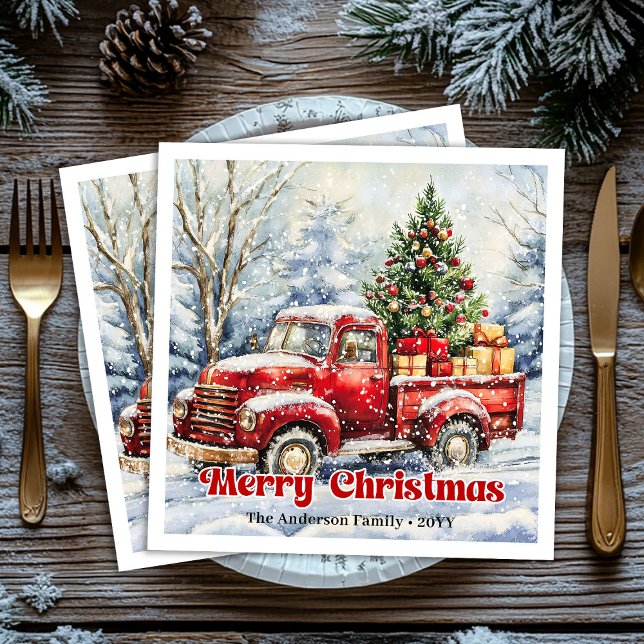 Minimal red truck Christmas scene rustic napkins (Minimal red truck Christmas scene rustic napkins)
