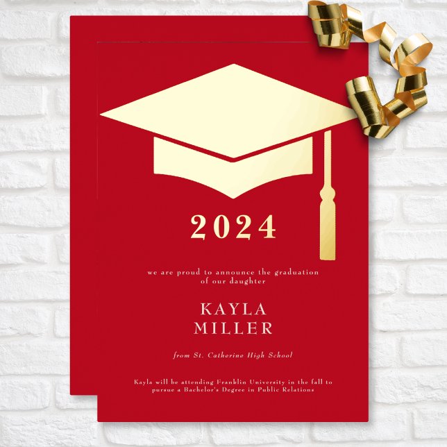 Minimal Red & White Gold Cap Grad Announcement (Minimal Red & White Gold Cap Graduation Foil Invitation)