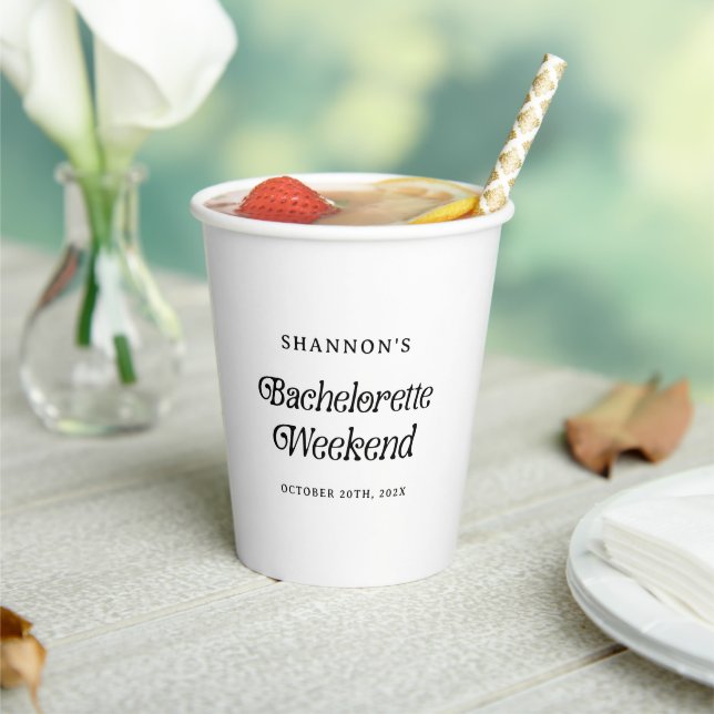 Minimal Retro Black and White Bachelorette Weekend Paper Cups (Insitu)