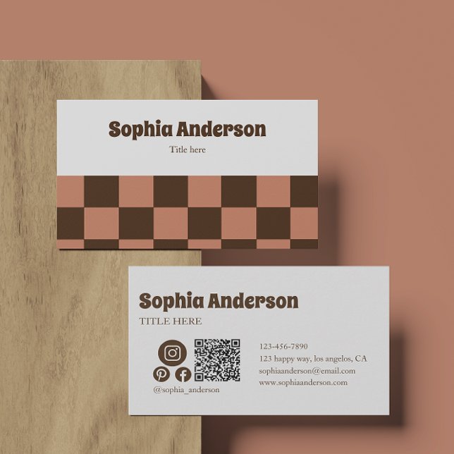 Minimal Retro Chequerboard – Brown & Dusty Rose    Business Card (Creator Uploaded)