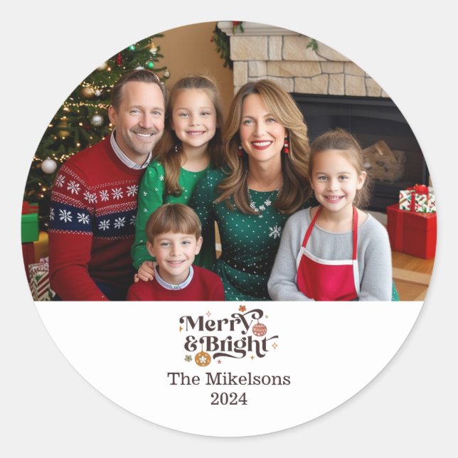 Minimal Retro Christmas Family Portrait Classic Round Sticker (Front)