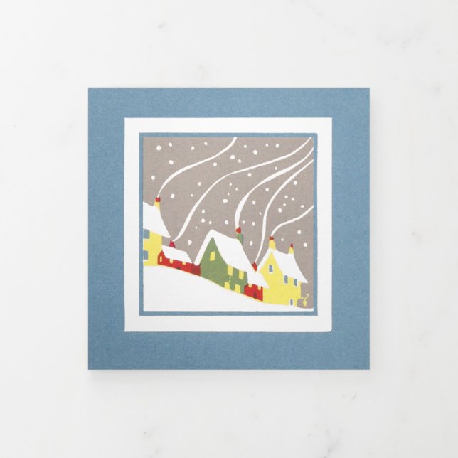Minimal Retro Homes in Winter Snow Tri-Fold Holiday Card (Cover)