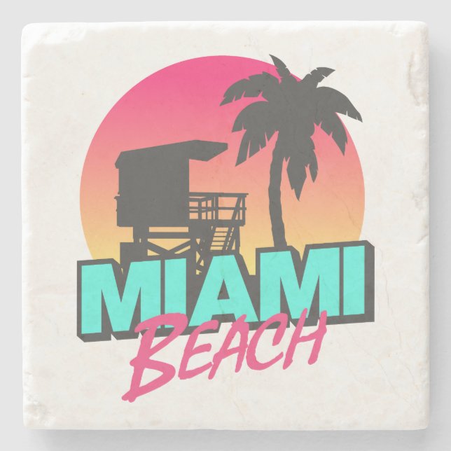 Minimal Retro Miami Beach Lettering Stone Coaster (Front)