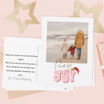 Minimal Retro Pink 1 Photo Peace Joy Christmas  Holiday Postcard<br><div class="desc">This festive Peace and Joy design was created using a fun modern script font and my hand lettered block font in a retro style in retro pink and red topped off with my hand painted Santa hat with holly and berries to make your family photo shine as the star. Add...</div>