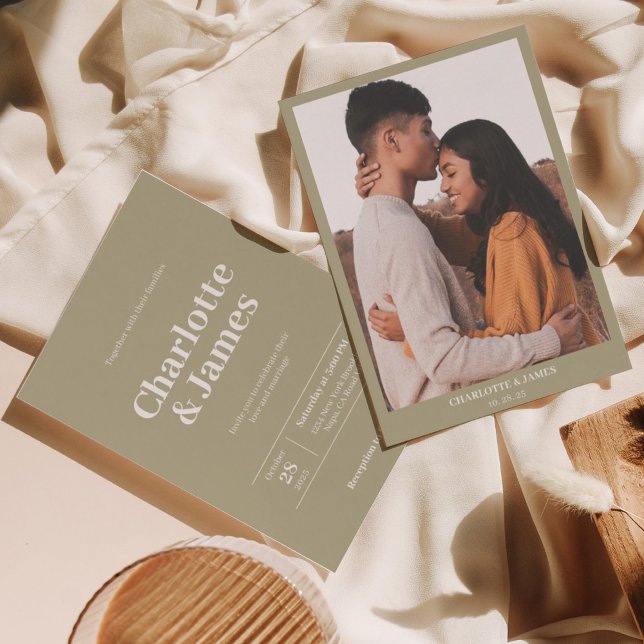 Minimal Retro Sage Green Photo Script Wedding Invitation (Creator Uploaded)