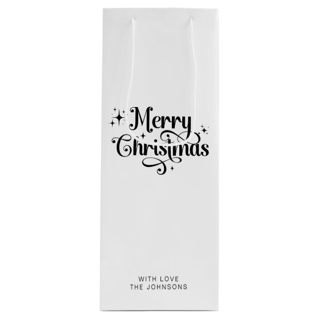 Minimal Retro Script Black & White Merry Christmas Wine Gift Bag (Front)