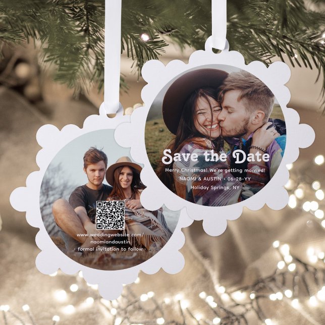 Minimal Retro Wedding Save the Date QR Christmas Tree Decoration Card (Creator Uploaded)