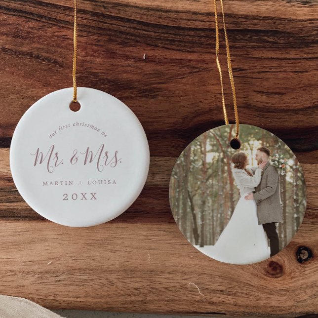 Minimal Rose Gold 1st Christmas Wedding Photo Ceramic Tree Decoration (Creator Uploaded)