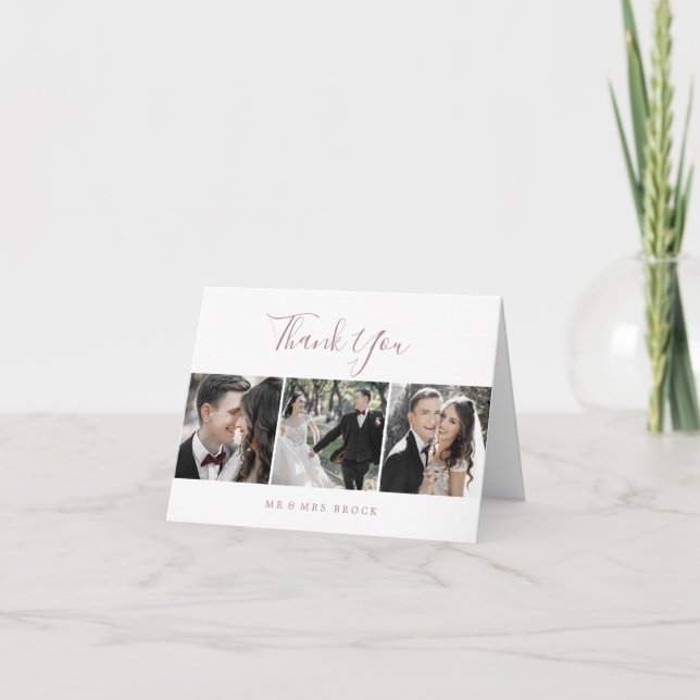Minimal Rose Gold 3 Photo Template Thank You Card (Front)