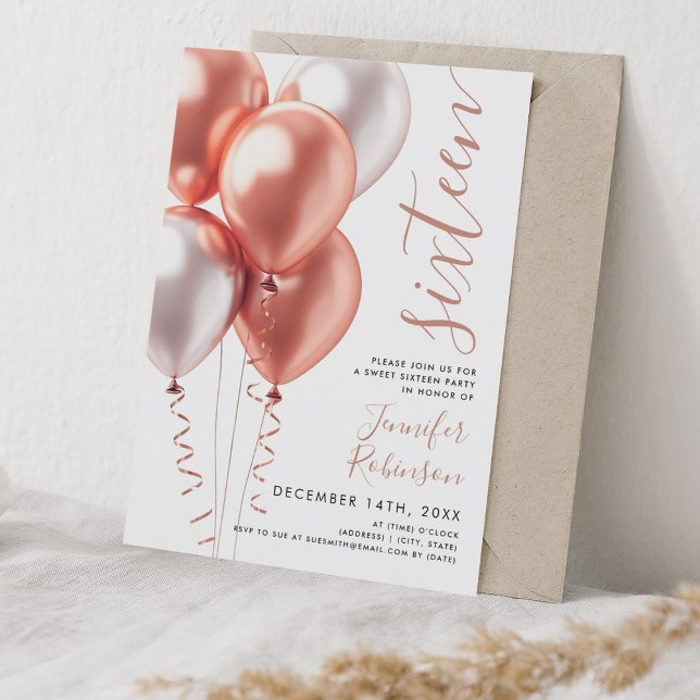 Minimal Rose Gold Balloons Sweet 16 Birthday Invitation (Minimal Rose Gold Balloons Sweet 16 Birthday Invitation)