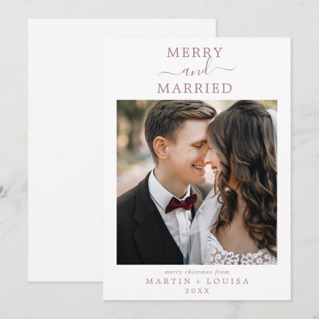 Minimal Rose Gold Merry and Married Newlywed Photo Holiday Card (Front/Back)