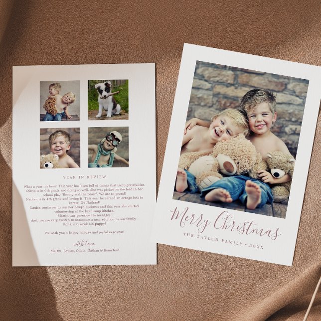 Minimal Rose Gold Merry Christmas Year In Review Holiday Card (Creator Uploaded)