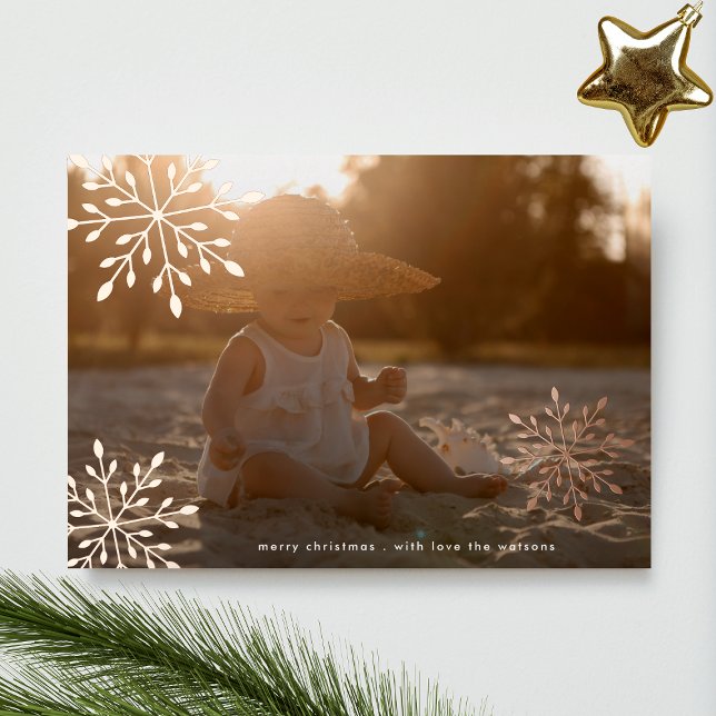 Minimal Rose Gold Snowflakes Merry Christmas Photo Foil Holiday Card (Creator Uploaded)