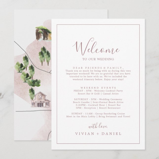 Minimal Rose Gold Welcome Letter Itinerary & Map (Front/Back)