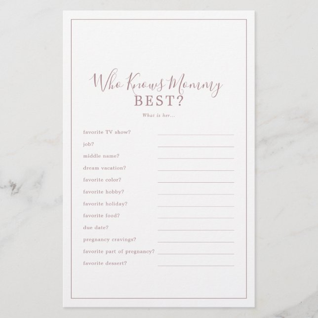 Minimal Rose Gold Who Knows Mummy Best Trivia Game Flyer (Front)