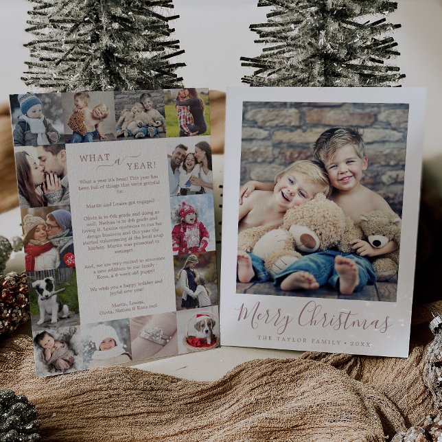 Minimal Rose What A Year Photo Collage Christmas Holiday Card (Creator Uploaded)