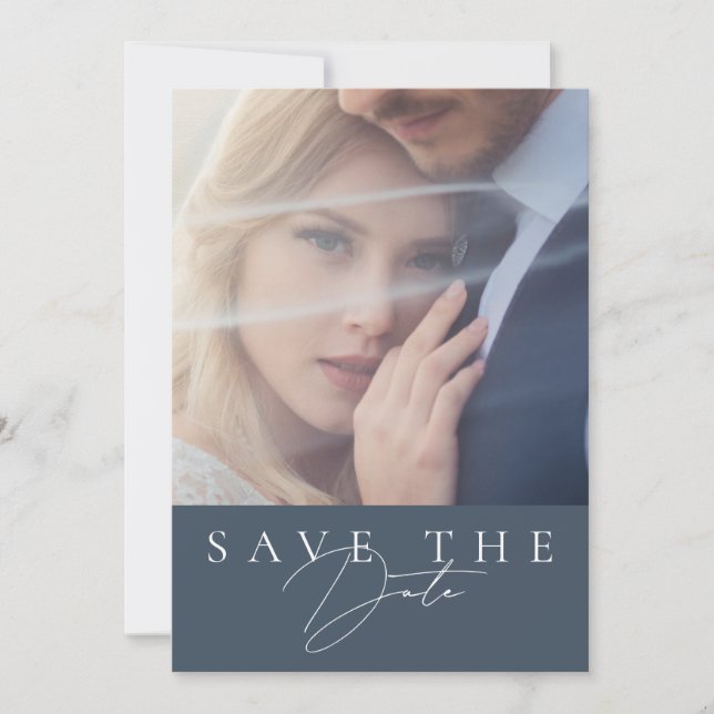 Minimal Royal Blue Opulence Script Photo Wedding Save The Date (Front)