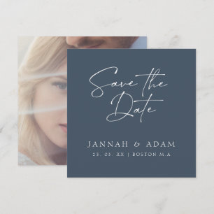 Minimal Royal Blue Opulence Script Photo Wedding Save The Date