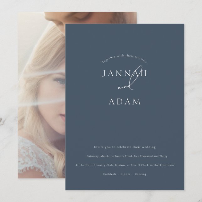 Minimal Royal Blue Script Photo Elegant Wedding Invitation (Front/Back)